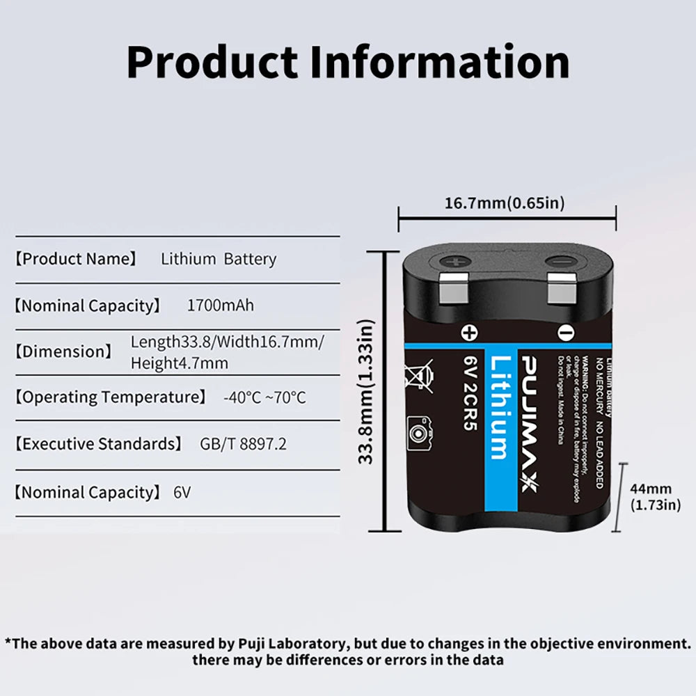 PUJIMAX Original 2CR5 Lithium Battery 6V Camera 2CR5 1700mAh Primary Batteries for Canon EOS5 50 55 650 10QD Minolta 303si Film