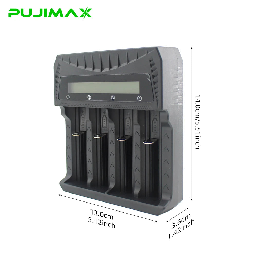 PUJIMAX 2/4 Slots Smart Charger LCD Display Charger for AA/AAA/18650/26650/14500/16340/18500/21700 Ni-MH Ni-Cd Li-ion Batteries