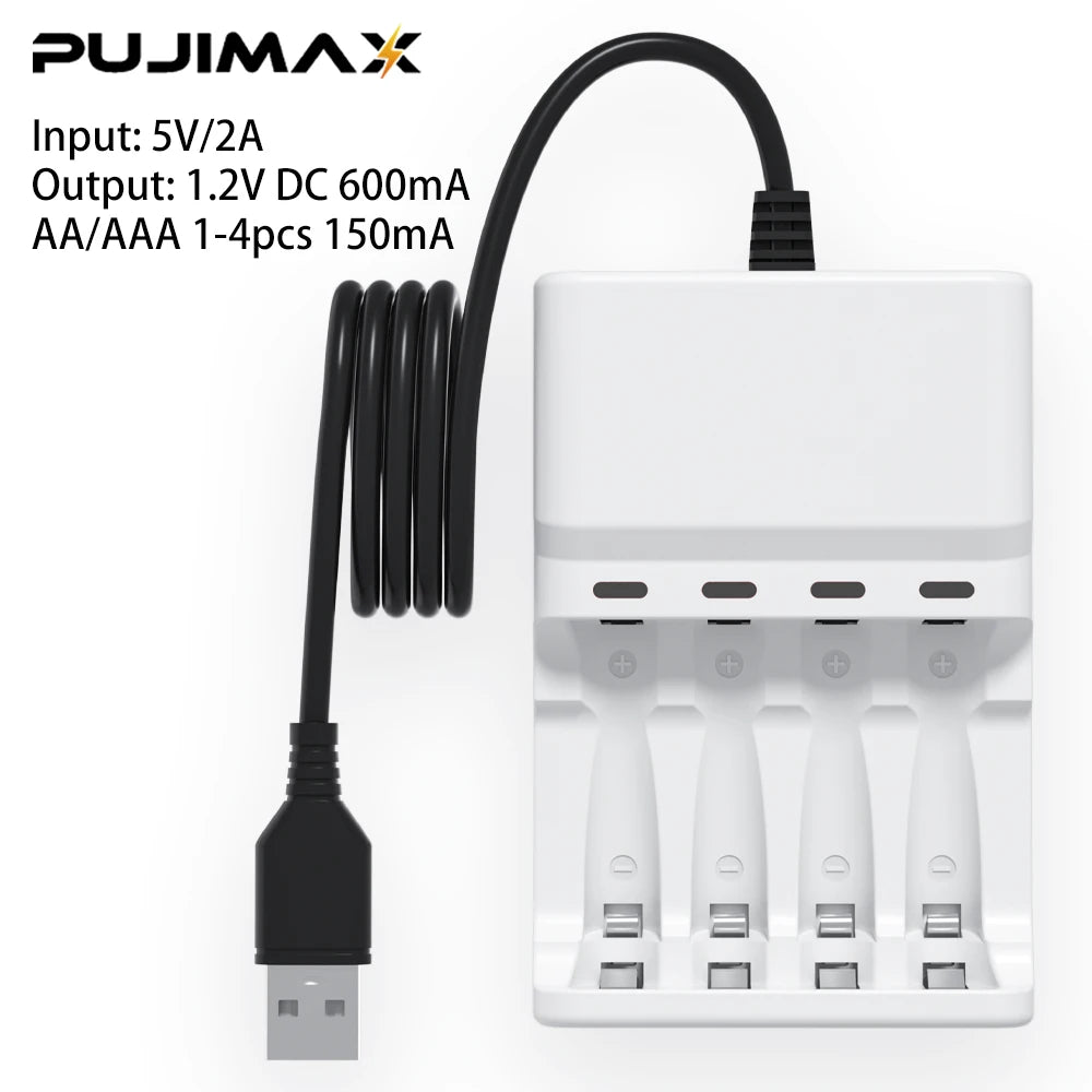 PUJIMAX AA AAA Battery Fast Charger USB Cable 4 Slot LED Display Smart Battery Charger for 1.2V Ni-HM/Ni-Cd Rechargeable Battery