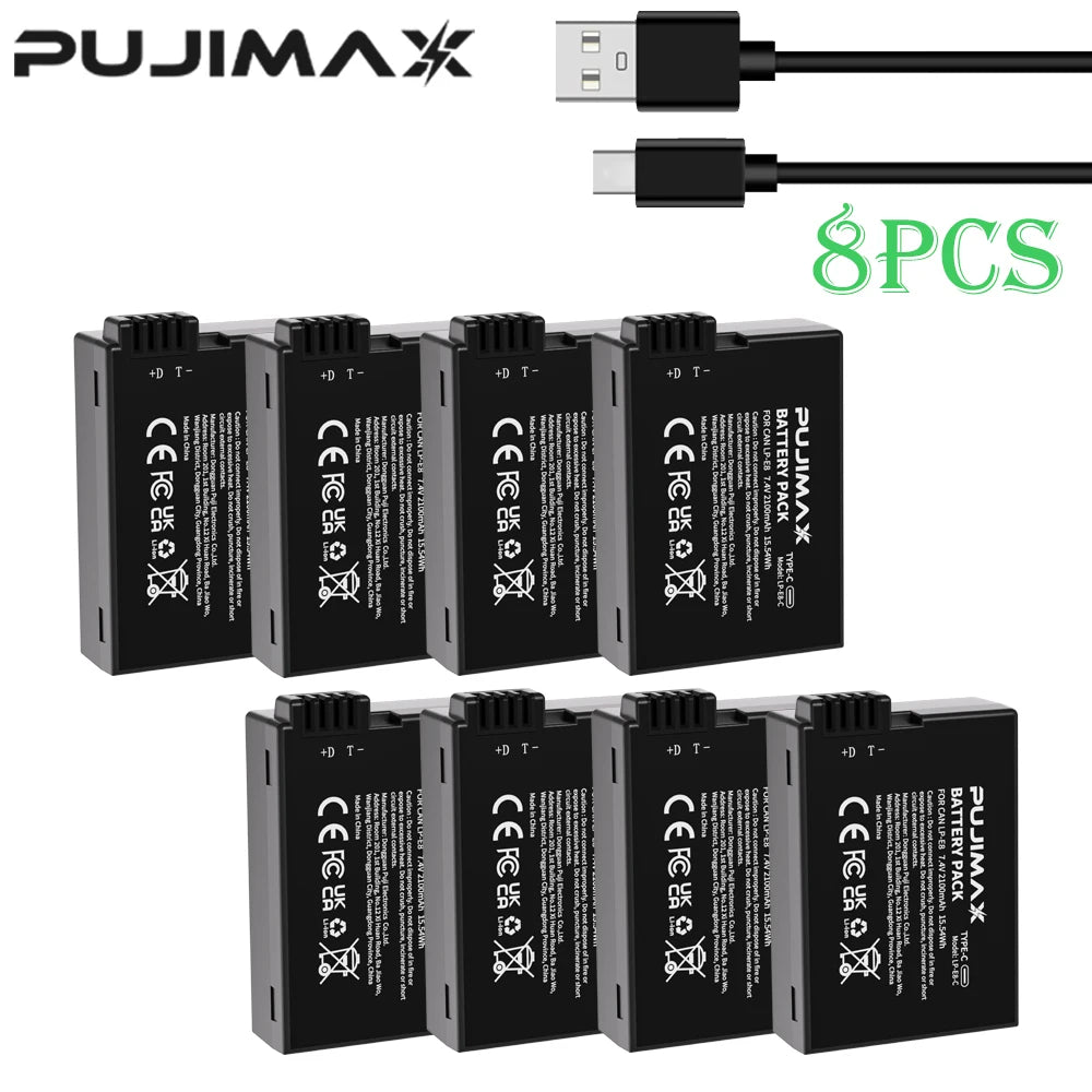 PUJIMAX 2100mAh LP-E8 LP E8 LPE8 Rechargeable Camera Battery with USB-C Input Canon EOS 550D 600D 650D 700D Rebel T2i T3i T4i T5