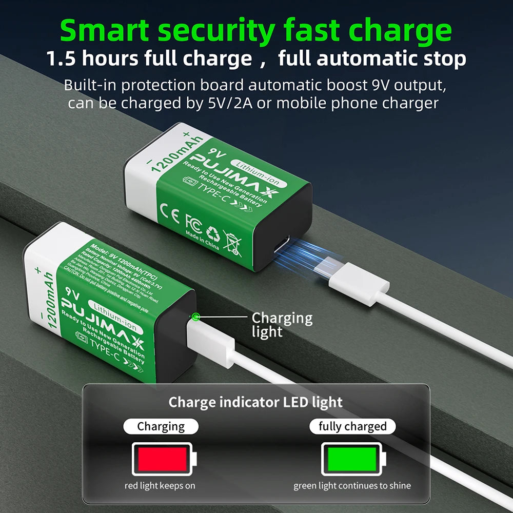 PUJIMAX 9V Rechargeable Lithium Battery 1200mAh with Type-C USB Rechargeable Batteries 6F22 for Multimeter Microphone Toy Guitar