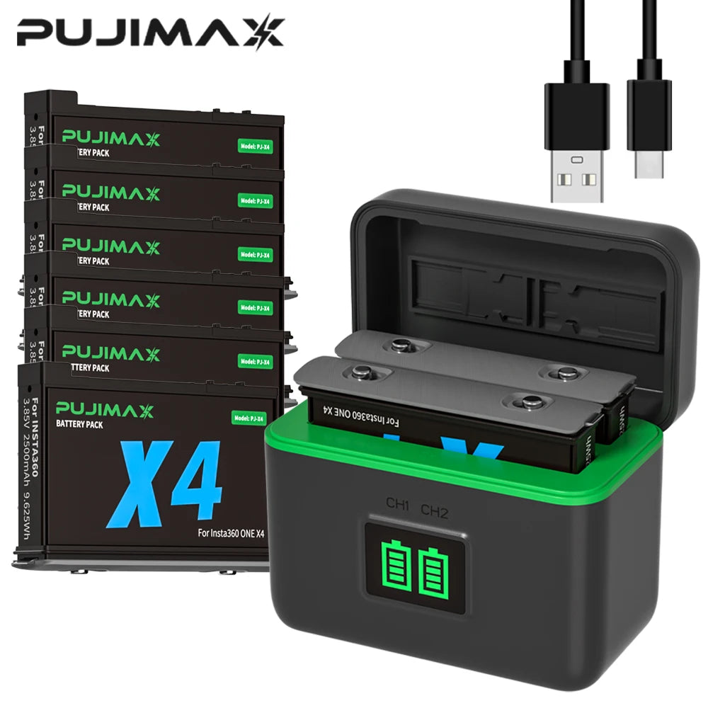 PUJIMAX 2500mAh High Capacity Battery For Insta360 X4 Battery+Fast Charging Case Storage Box For Insta 360 ONE X 4 Accessories