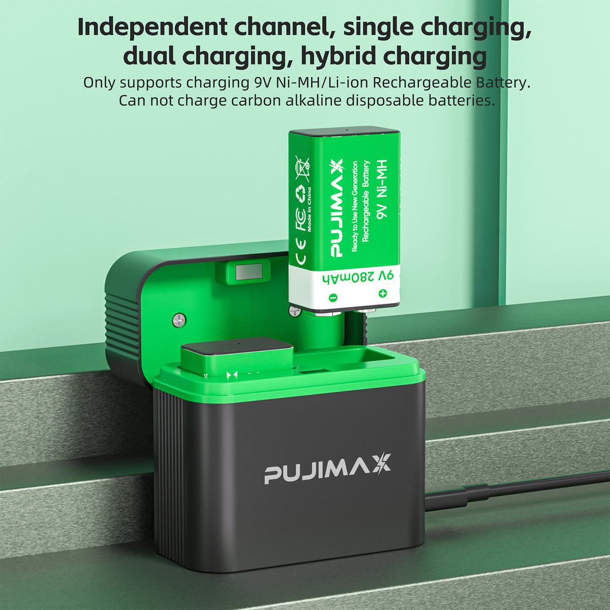 PUJIMAX independent charging channels — PJ-N231 two-slot 9V battery charger