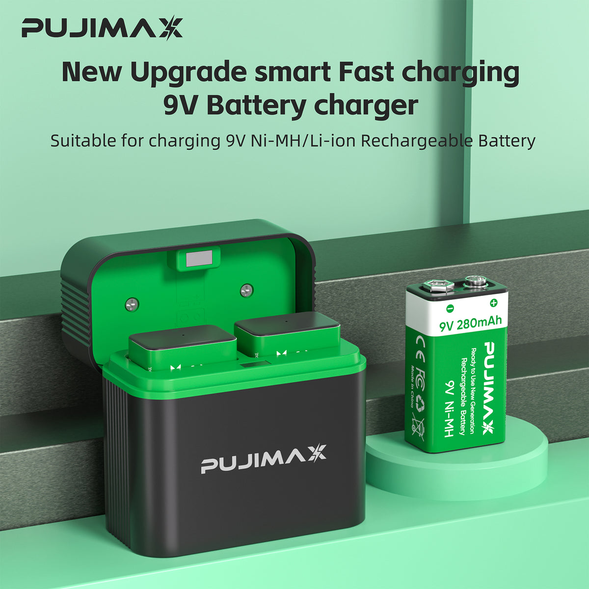 PUJIMAX 9v battery charging case overview — PJ-N231 two-slot 9V battery charger