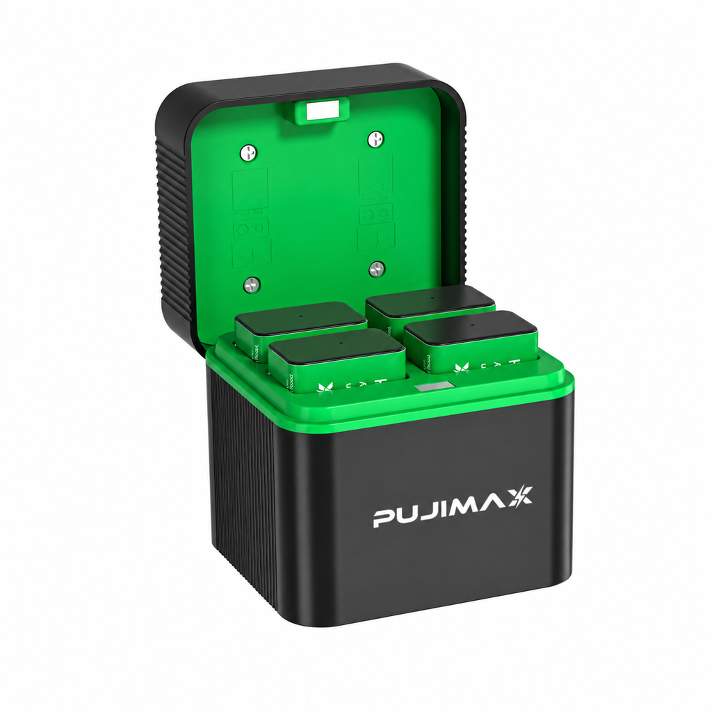 PUJIMAX PJ-N434 four-slot charging case with four 9V rechargeable batteries and PUJIMAX logo