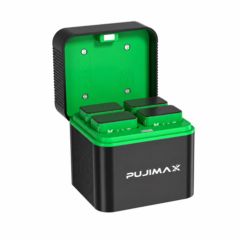 PUJIMAX PJ-N434 four-slot charging case with four 9V rechargeable batteries and PUJIMAX logo