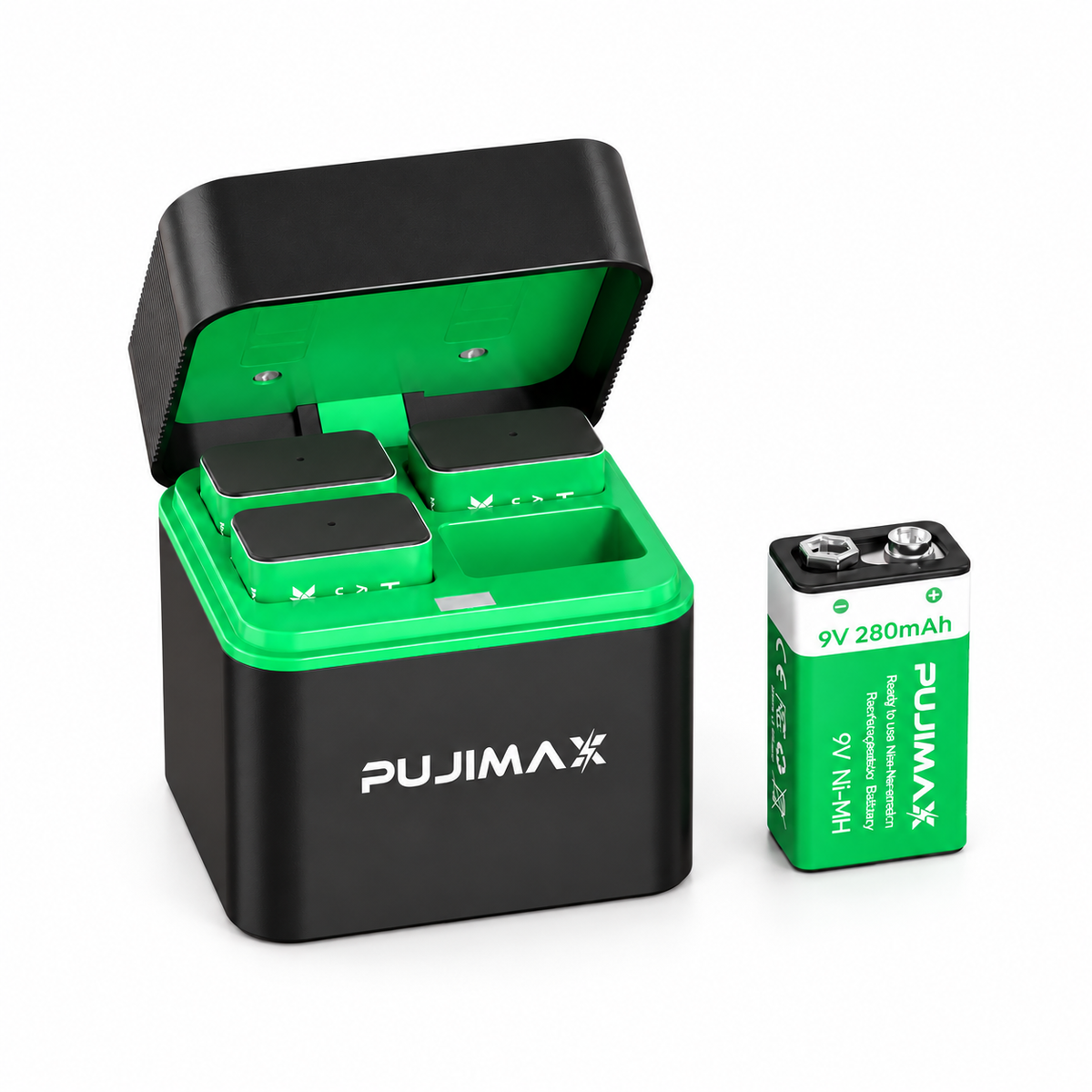 PUJIMAX PJ-N434 four-slot charger with three 9V 280mAh NiMH batteries inside and one outside
