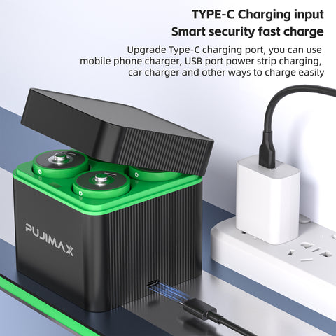 PUJIMAX usb-c charging input — four-slot D battery charger