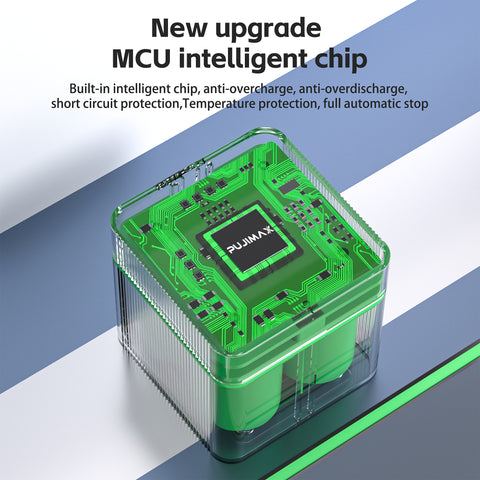 PUJIMAX charging control illustration — four-slot D battery charger