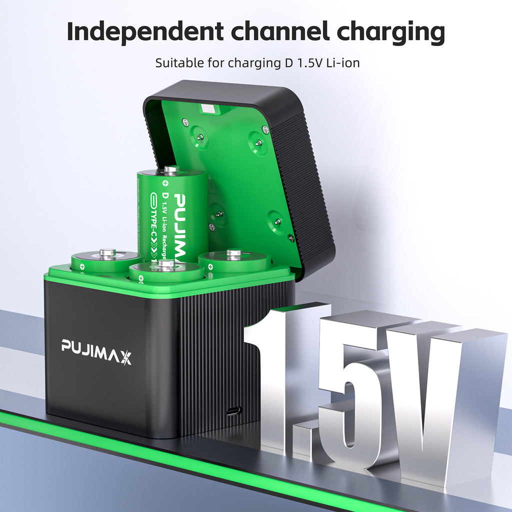 PUJIMAX independent charging channels — four-slot D battery charger