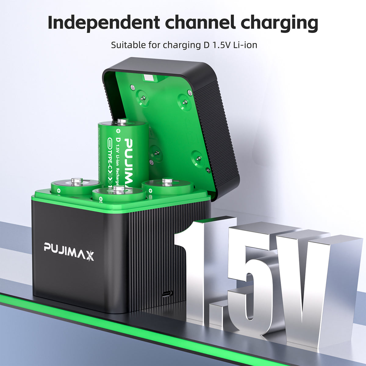 PUJIMAX independent charging channels — four-slot D battery charger
