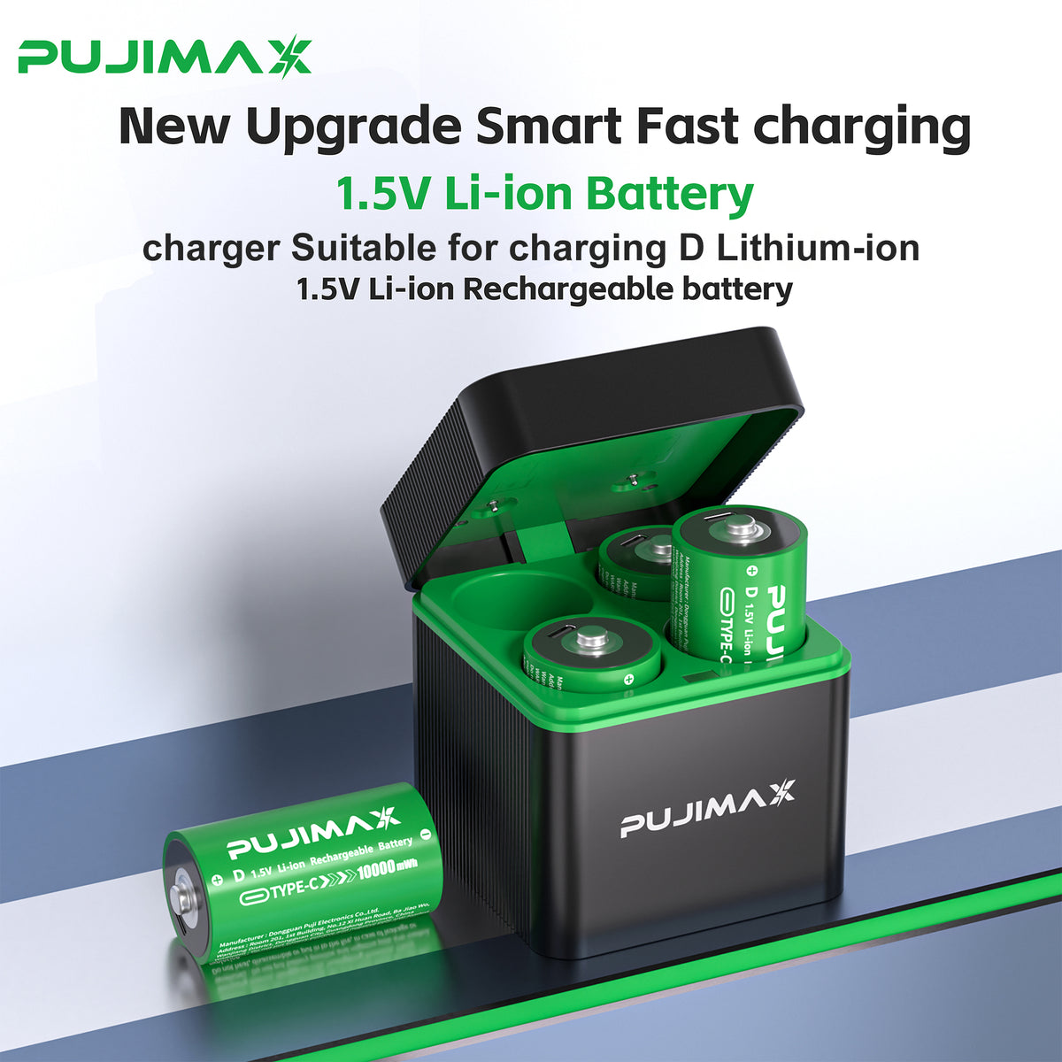 PUJIMAX d battery charging case overview — four-slot D battery charger