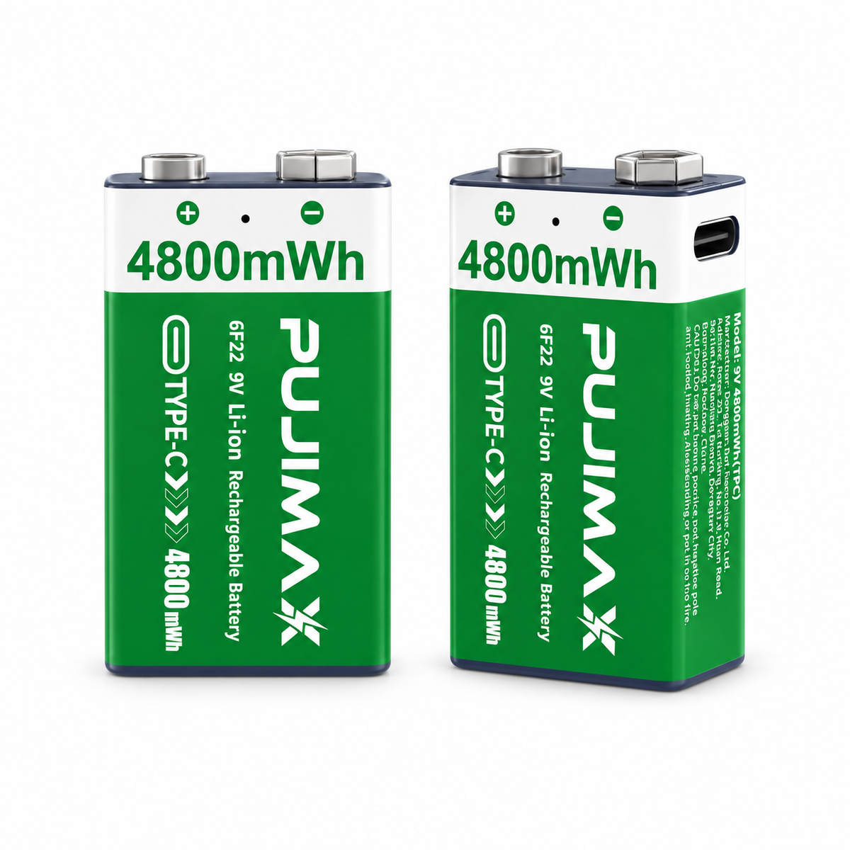 Two PUJIMAX 9V 4800mWh USB-C rechargeable batteries