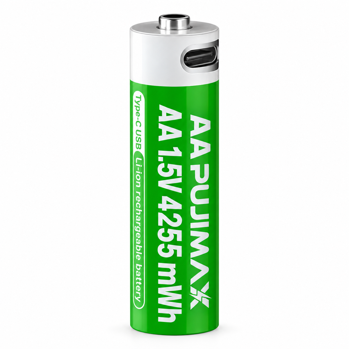 Single PUJIMAX AA 1.5V 4255mWh(TPC) rechargeable battery detail view. Detail view; offer includes 2 batteries.