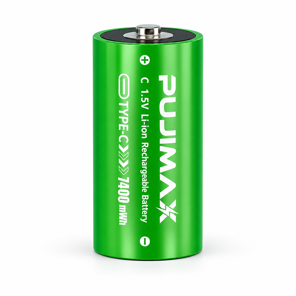 Single PUJIMAX C 1.5V 7400mWh(TPC) rechargeable battery detail view. Detail view; offer includes 2 batteries.