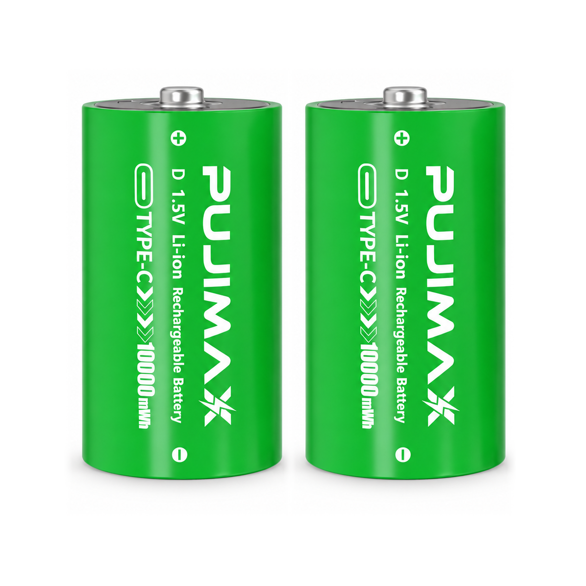 Two PUJIMAX D 1.5V 10000mWh USB-C rechargeable batteries shown at the same angle