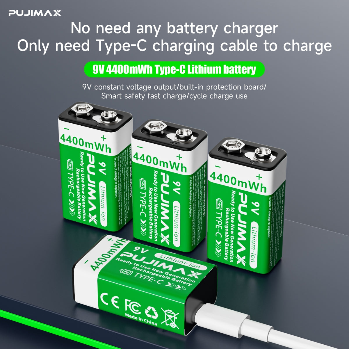 PUJIMAX 9V 4400mWh USB-C rechargeable battery product information.