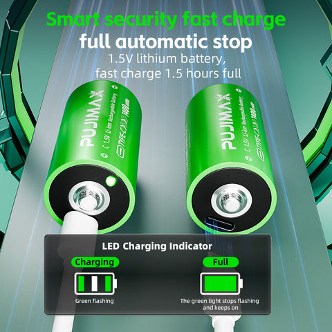 USB-C charging and indicator illustration for the PUJIMAX C 1.5V 7400mWh USB-C rechargeable battery. Power adapters and devices shown are examples, not included accessories. Follow the supplied instructions; charging time depends on conditions.