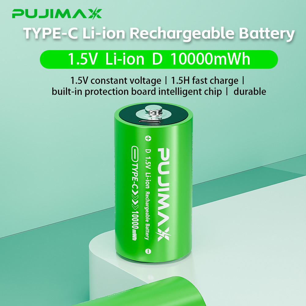 PUJIMAX D 1.5V 10000mWh USB-C rechargeable battery product information.