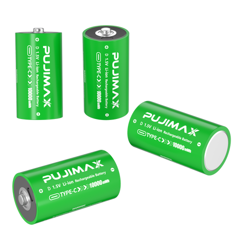 PUJIMAX D 1.5V 10000mWh USB-C rechargeable battery product information.