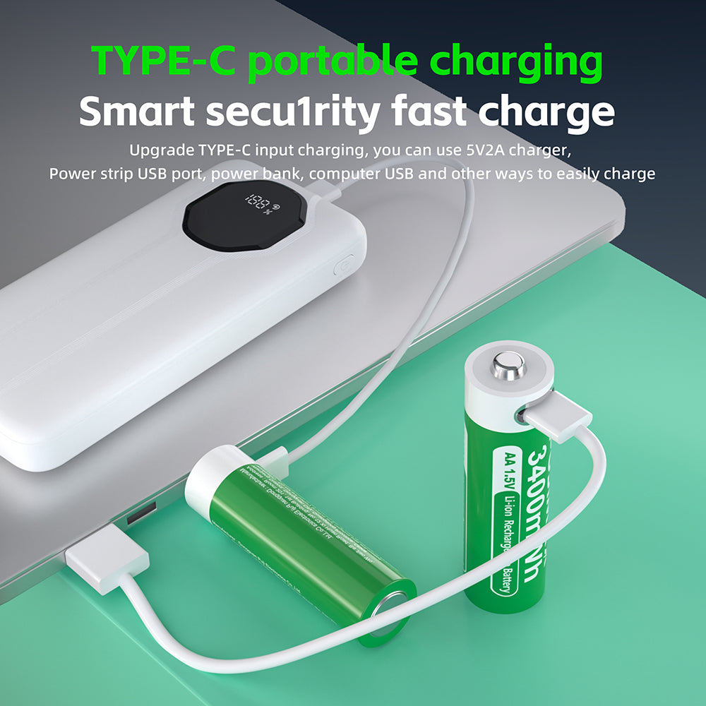USB-C charging and indicator illustration for the PUJIMAX AA 1.5V 3400mWh USB-C rechargeable battery. Power adapters and devices shown are examples, not included accessories. Follow the supplied instructions; charging time depends on conditions.