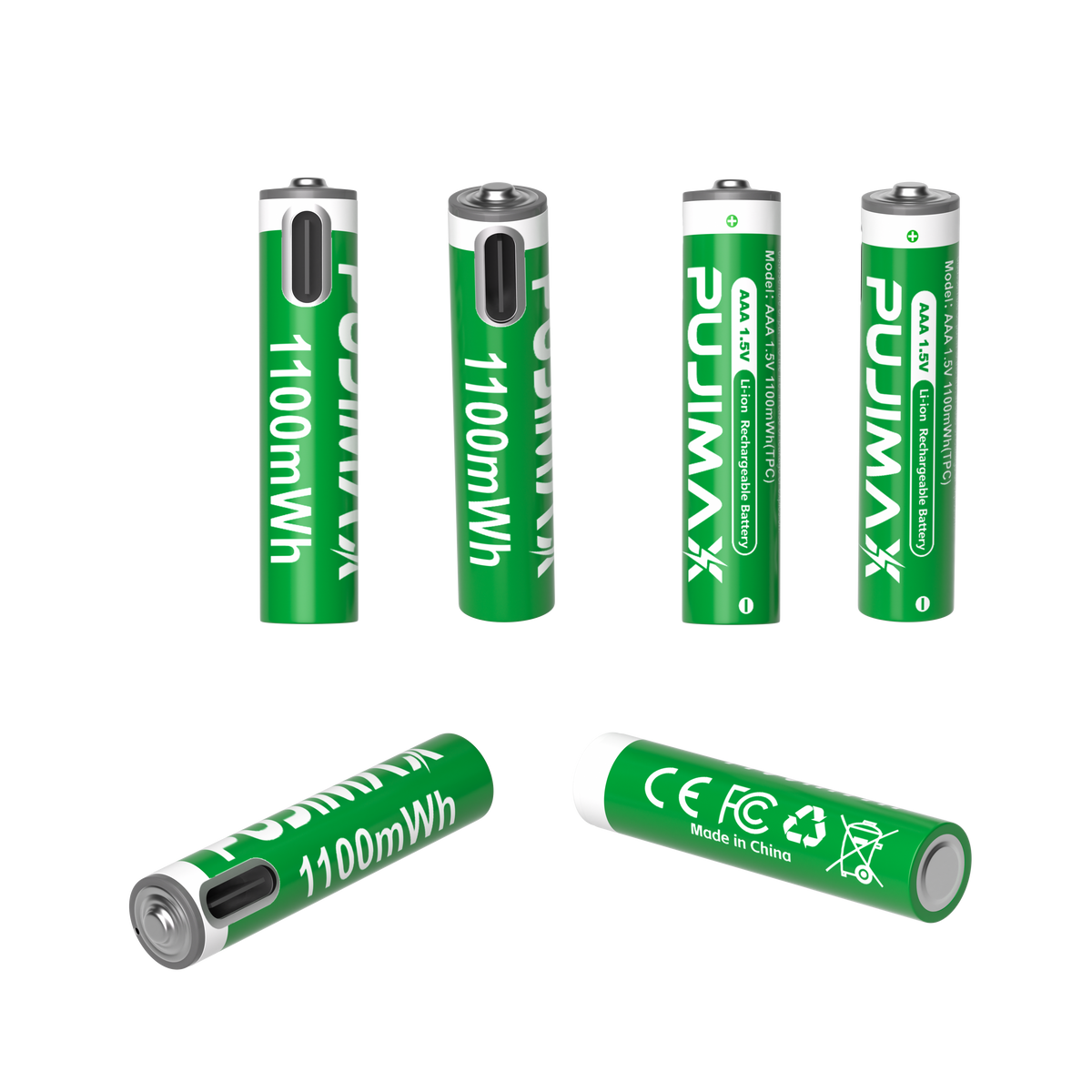 PUJIMAX AAA 1.5V 1100mWh USB-C rechargeable battery product information.