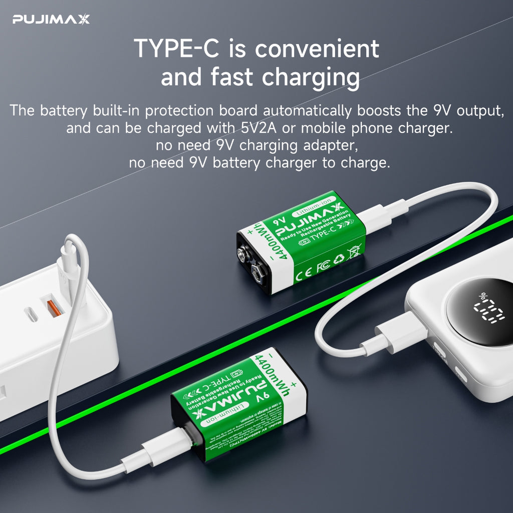 USB-C charging and indicator illustration for the PUJIMAX 9V 4400mWh USB-C rechargeable battery. Power adapters and devices shown are examples, not included accessories. Follow the supplied instructions; charging time depends on conditions.