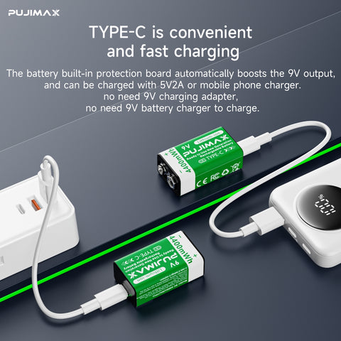 USB-C charging and indicator illustration for the PUJIMAX 9V 4400mWh USB-C rechargeable battery. Power adapters and devices shown are examples, not included accessories. Follow the supplied instructions; charging time depends on conditions.