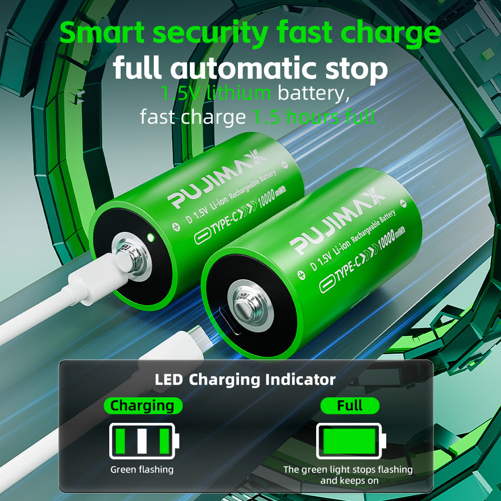 USB-C charging and indicator illustration for the PUJIMAX D 1.5V 10000mWh USB-C rechargeable battery. Power adapters and devices shown are examples, not included accessories. Follow the supplied instructions; charging time depends on conditions.