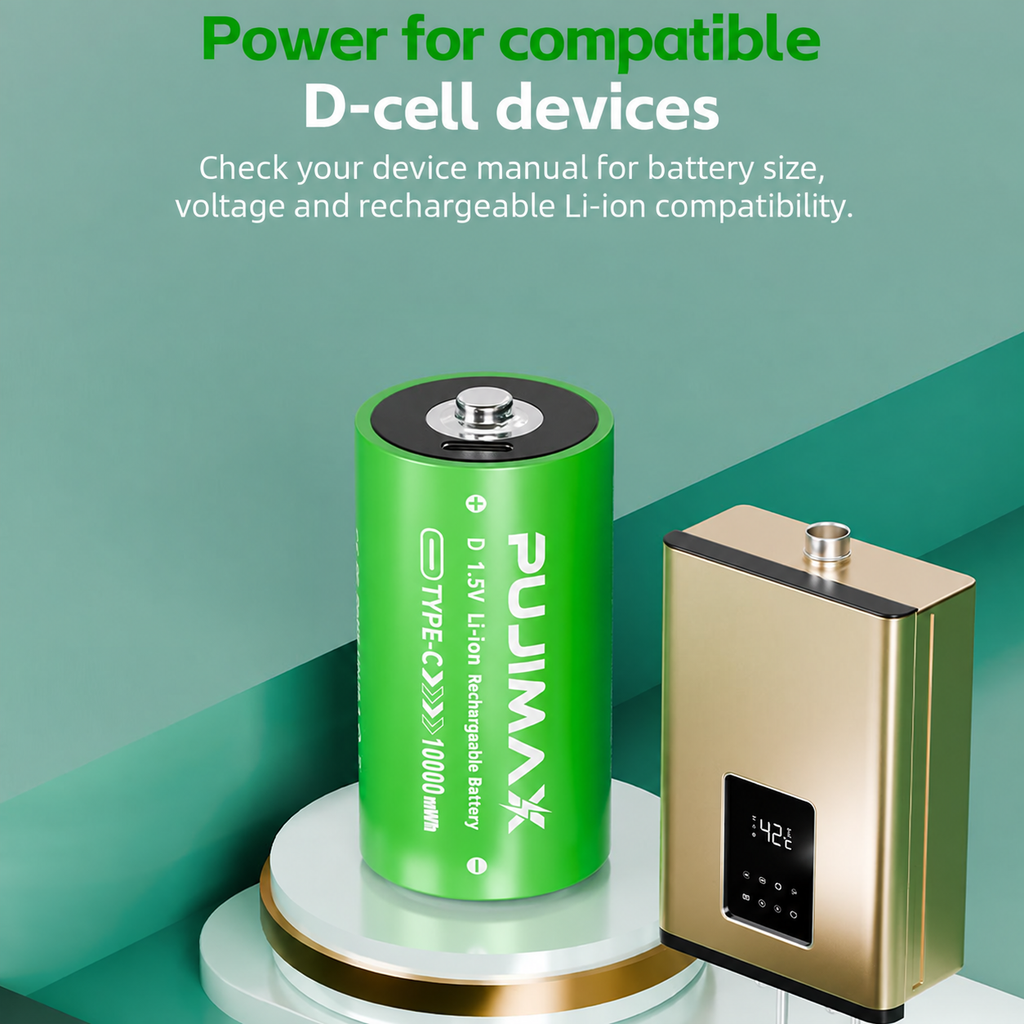 PUJIMAX D 1.5V 10000mWh USB-C rechargeable battery product information.