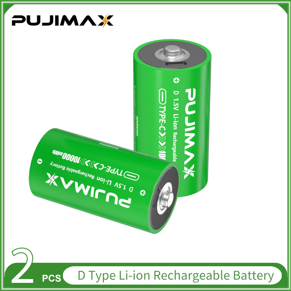 PUJIMAX D 1.5V 10000mWh USB-C rechargeable battery: 2 battery/batteries per pack. See the product description for the full accessory list.