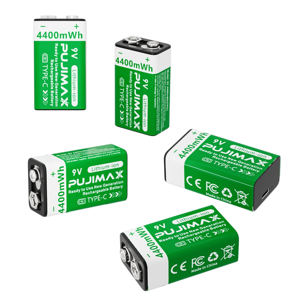 PUJIMAX 9V 4400mWh USB-C rechargeable battery product information.