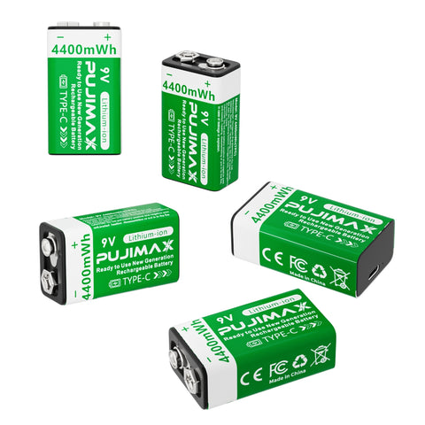 PUJIMAX 9V 4400mWh USB-C rechargeable battery product information.