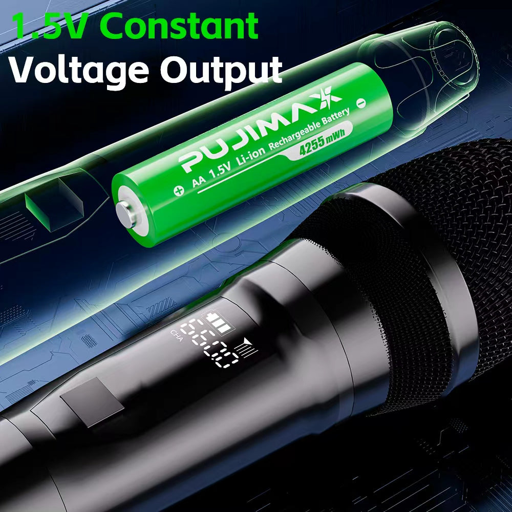 PUJIMAX AA 1.5V 4255mWh rechargeable battery output and application illustration. Use only in devices that accept this battery size, voltage and rechargeable Li-ion chemistry. Devices are not included.