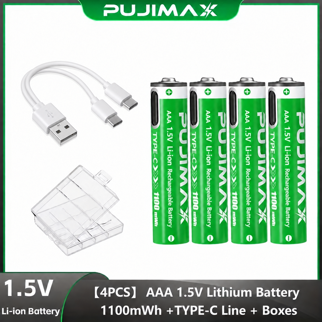PUJIMAX AAA 1.5V 1100mWh USB-C rechargeable battery product information.
