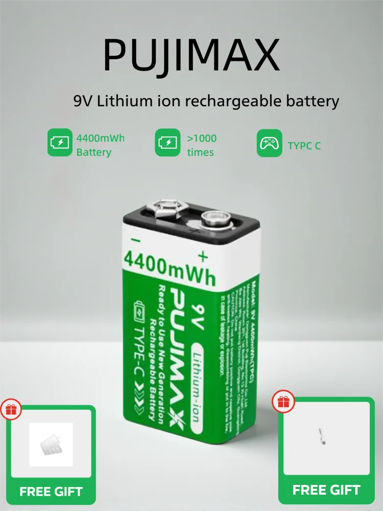 One PUJIMAX 9V 4400mWh USB-C battery with storage case and cable. Manual not shown. Supplier cycle-life claim refers to this battery model and depends on use conditions.