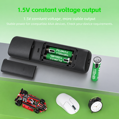 PUJIMAX AAA 1.5V 1100mWh USB-C rechargeable battery product information.
