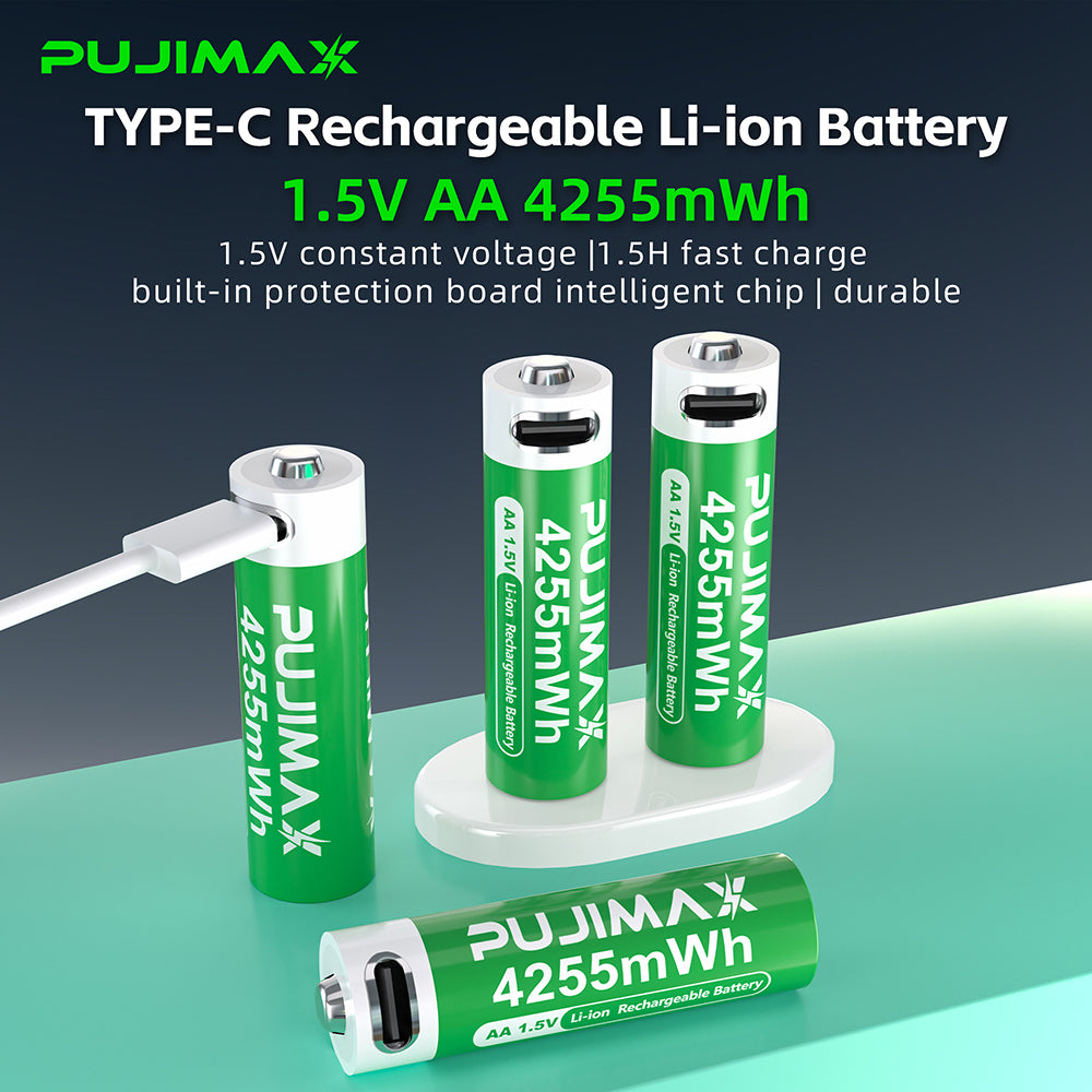 PUJIMAX AA 1.5V 4255mWh USB-C rechargeable battery product information.