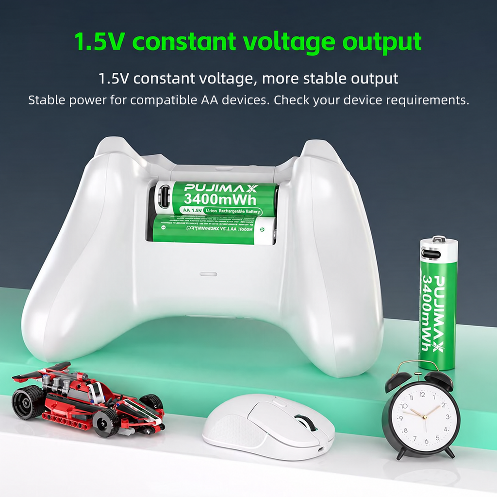 PUJIMAX AA 1.5V 3400mWh USB-C rechargeable battery product information.