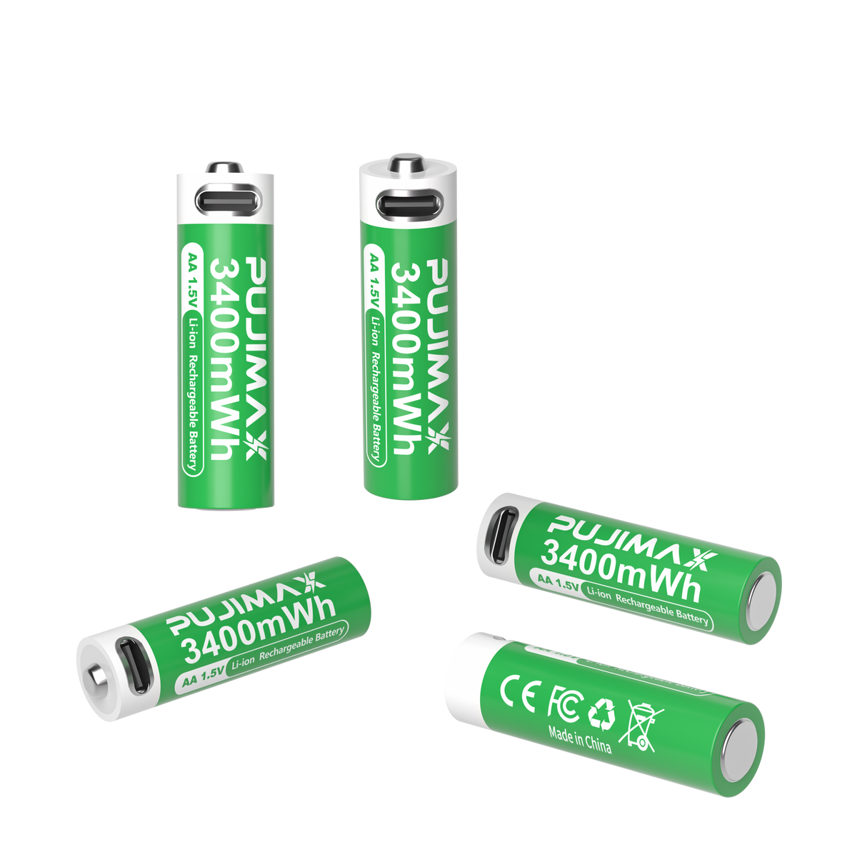PUJIMAX AA 1.5V 3400mWh USB-C rechargeable battery product information.