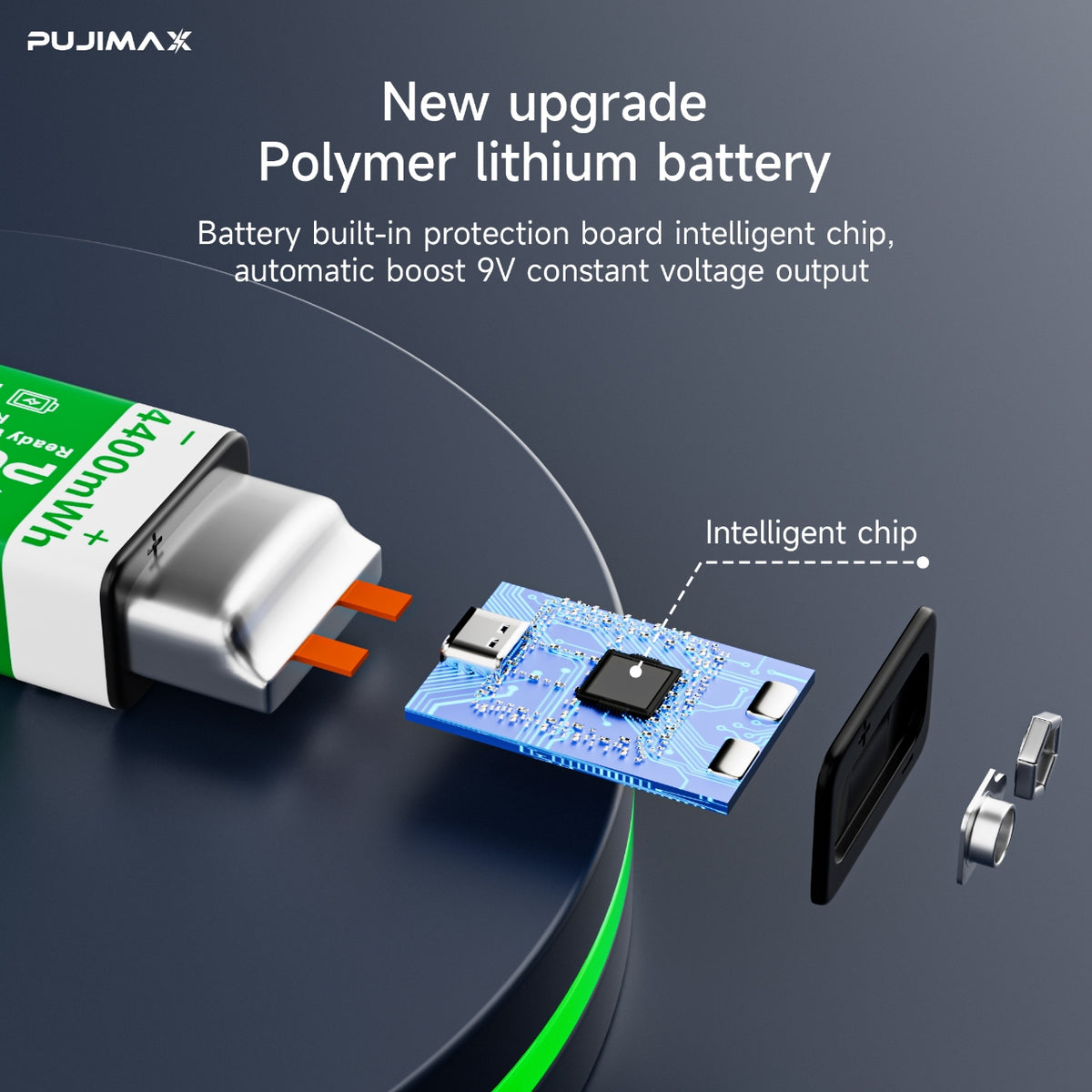 PUJIMAX 9V 4400mWh USB-C rechargeable battery protection-system illustration supplied for this model. Exploded view is illustrative, not an internal photograph.