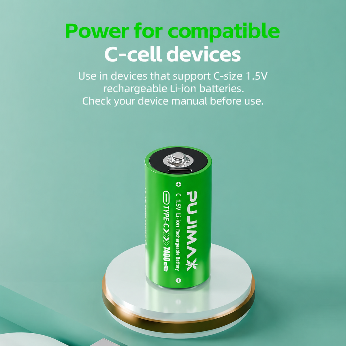 PUJIMAX C 1.5V 7400mWh USB-C rechargeable battery product information.