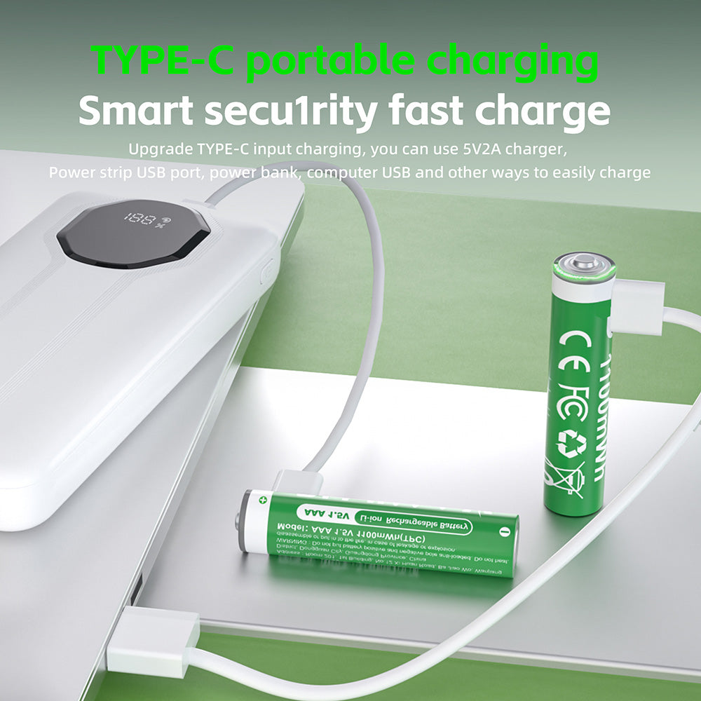 USB-C charging and indicator illustration for the PUJIMAX AAA 1.5V 1100mWh USB-C rechargeable battery. Power adapters and devices shown are examples, not included accessories. Follow the supplied instructions; charging time depends on conditions.