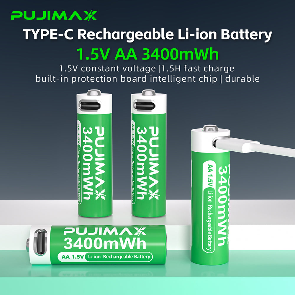 PUJIMAX AA 1.5V 3400mWh USB-C rechargeable battery product information.