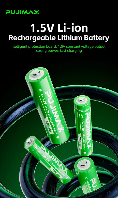 PUJIMAX rechargeable battery family: AA 4255mWh and AAA 1100mWh. This is a range illustration, not a mixed pack. The selected listing determines battery size and quantity. Compatible external charger required.