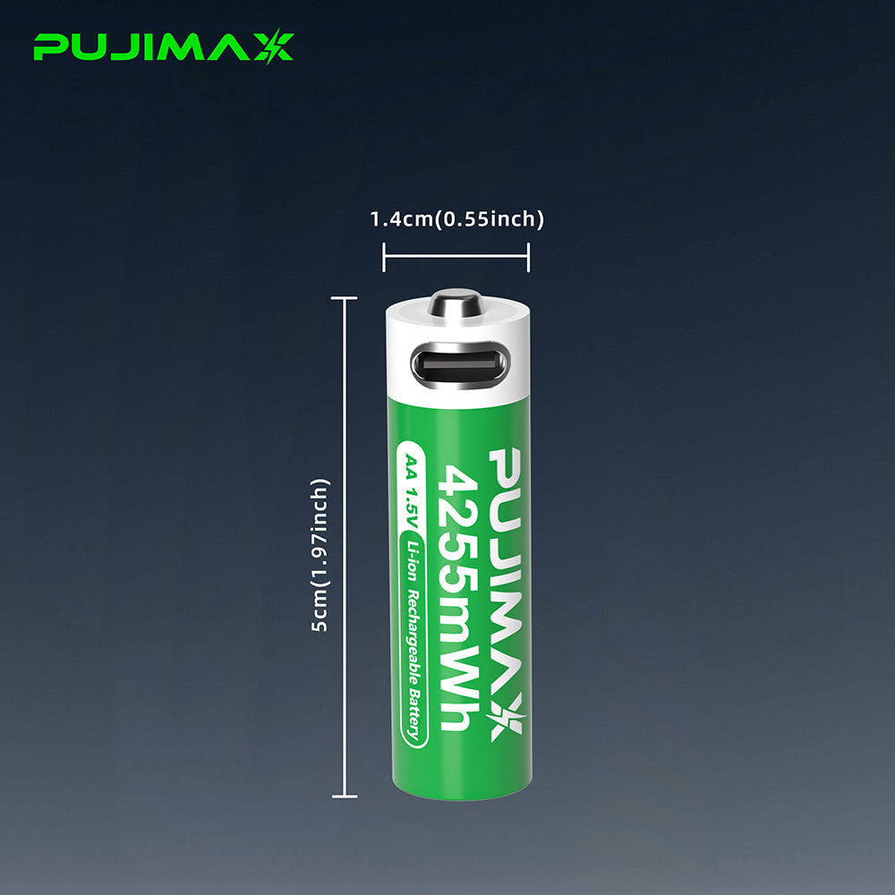 PUJIMAX AA 1.5V 4255mWh USB-C rechargeable battery dimensions and connector detail. A single-cell detail view does not change the listed pack quantity.