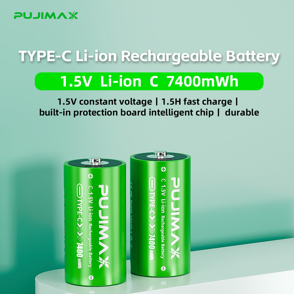 PUJIMAX C 1.5V 7400mWh USB-C rechargeable battery product information.