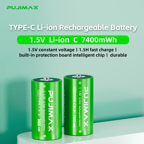 PUJIMAX C 1.5V 7400mWh USB-C rechargeable battery product information.