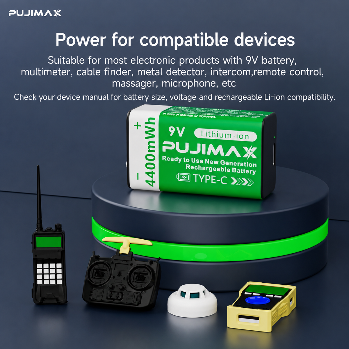 PUJIMAX 9V 4400mWh USB-C rechargeable battery product information.