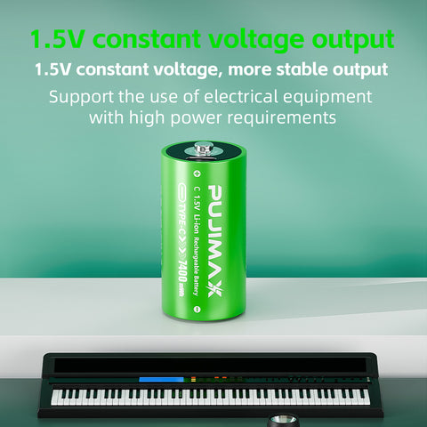 PUJIMAX C 1.5V 7400mWh USB-C rechargeable battery output and application illustration. Use only in devices that accept this battery size, voltage and rechargeable Li-ion chemistry. Devices are not included.